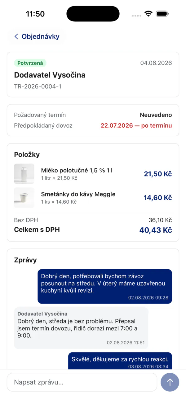 Náhled aplikace - detail objednávky s komunikací s dodavatelem