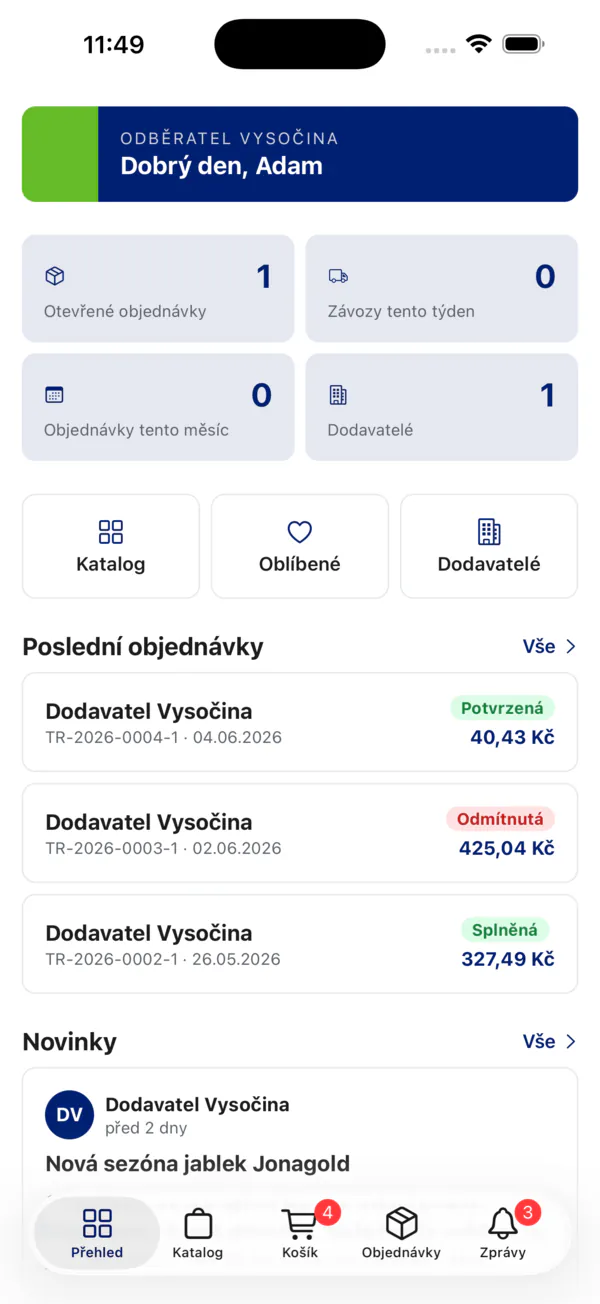 Náhled aplikace - přehled objednávek a závozů